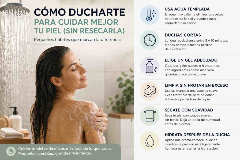 Descubre cómo ducharte correctamente para mantener la piel hidratada y protegida. Consejos prácticos sobre temperatura, duración, geles de ducha e hidratación.